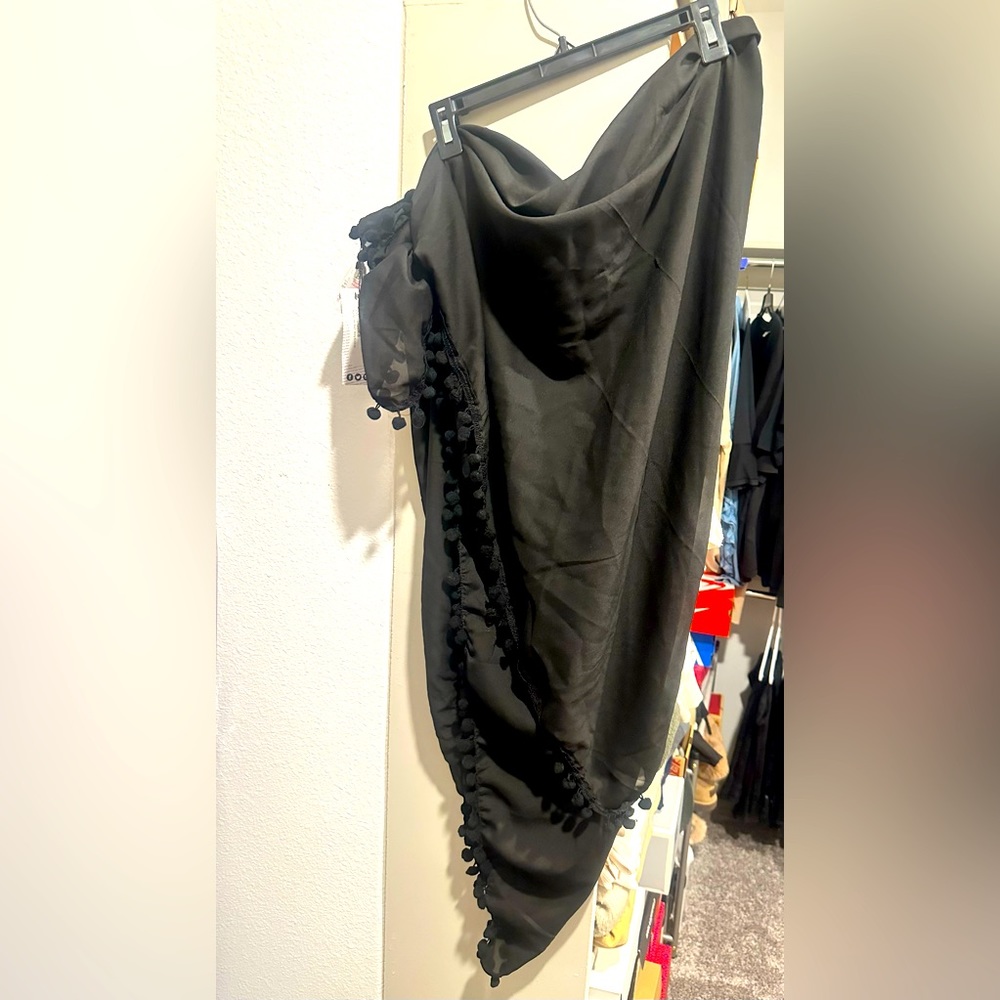 Black bathing suit sarong with pom poms